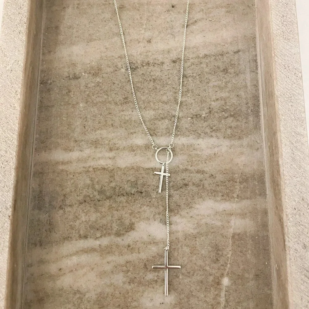 925 Sterling Silver Lariat Cross Necklace Cross Long Drop Necklace